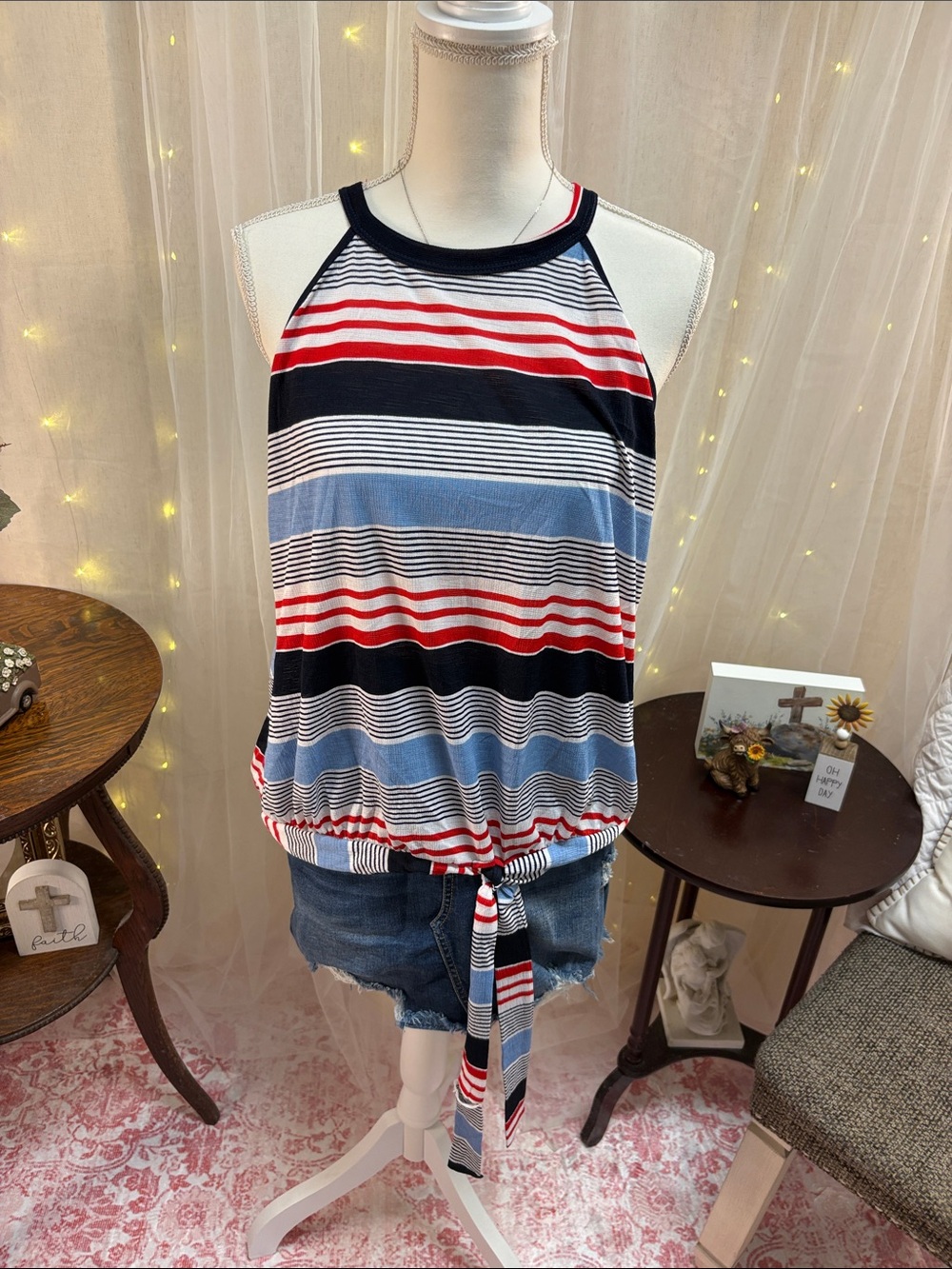 SJS Striped Halter Tie-Front Tank Top in Red, Blue & Black - Picture 3 of 7